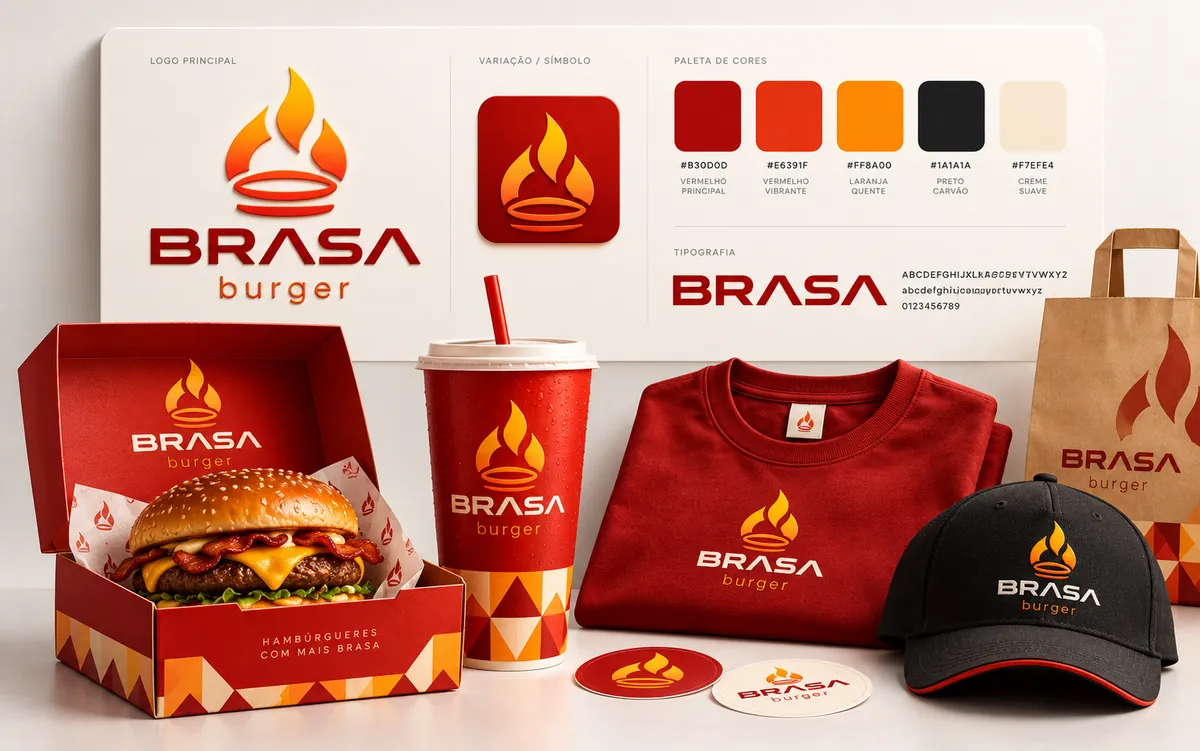 Brandboard da Brasa Burger com logo, paleta de cores, fontes e aplicações em embalagem, copo, camiseta e boné