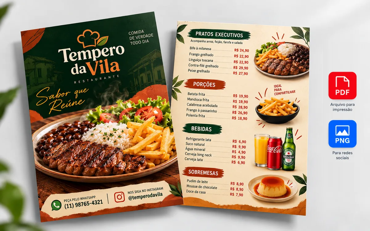 Cardápio de restaurante com duas páginas criado pela Dion Logos, entregue em PDF para imprimir e PNG para o WhatsApp