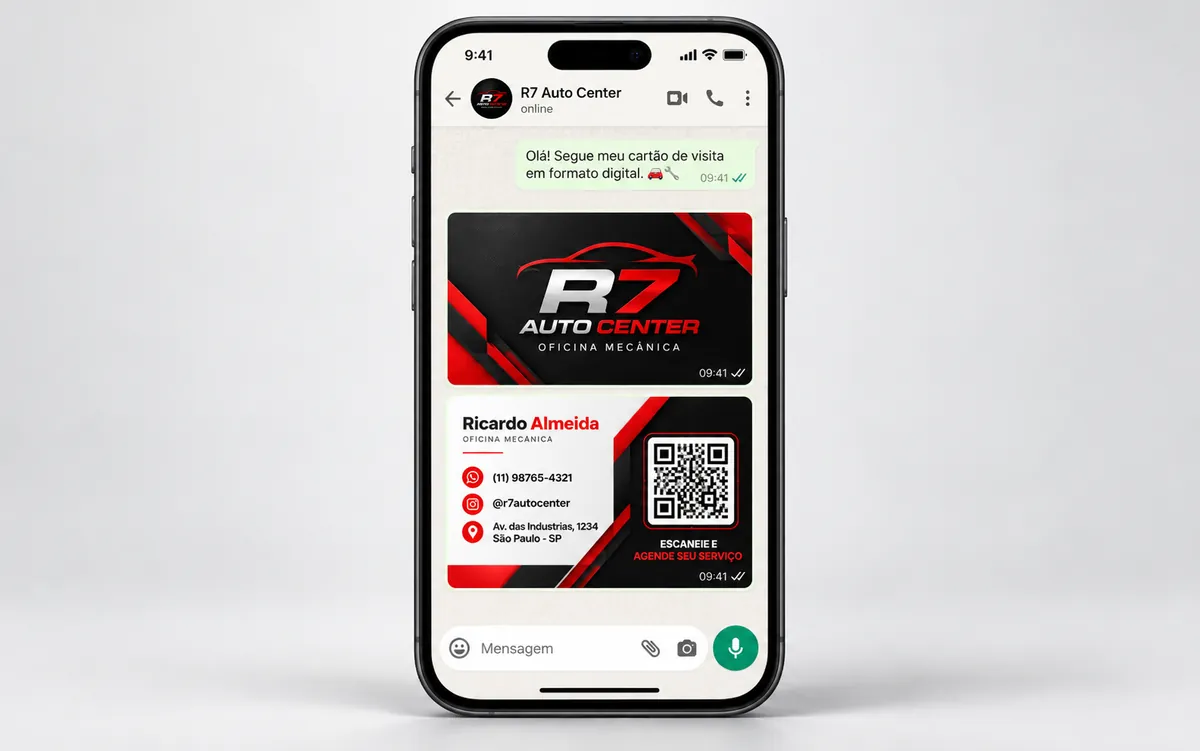 Cartão de visita digital da R7 Auto Center enviado numa conversa de WhatsApp