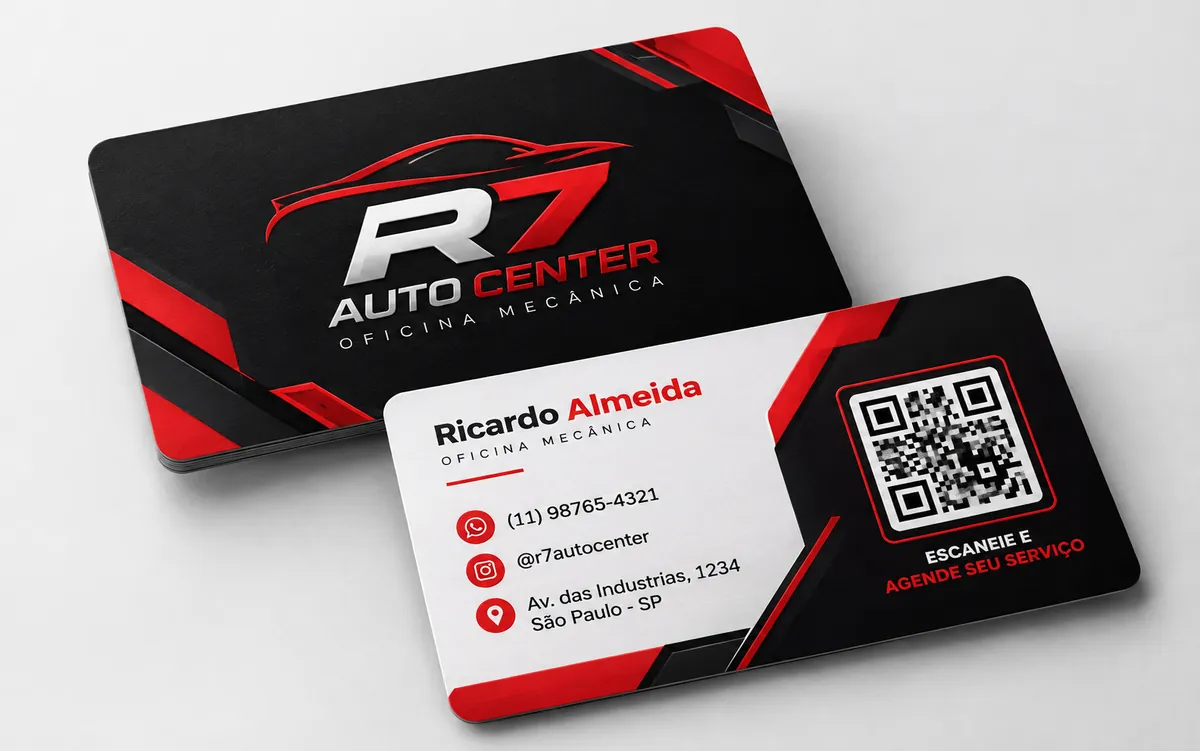 Cartão de visita frente e verso com QR code, criado pela Dion Logos para uma oficina mecânica
