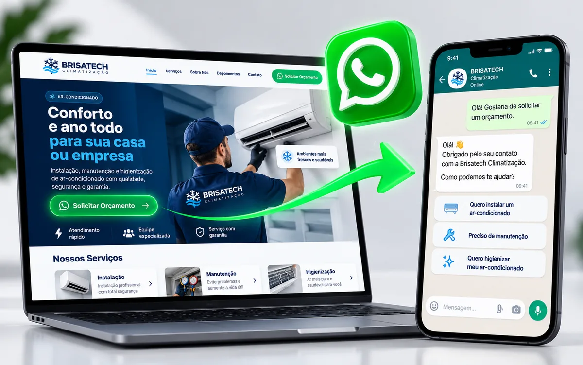 Botão Solicitar Orçamento do site da Brisatech levando o cliente direto para a conversa no WhatsApp