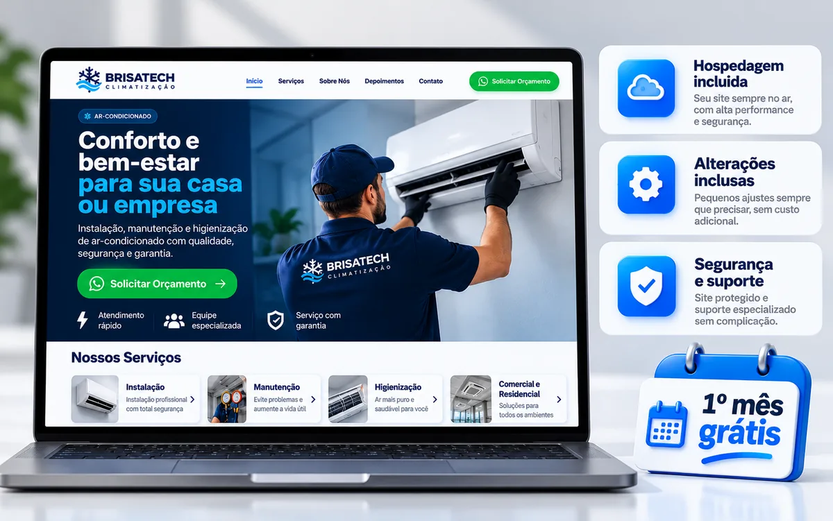 Site da Brisatech no computador com hospedagem, alterações e suporte inclusos e o primeiro mês grátis