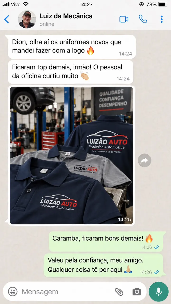 Print de conversa no WhatsApp com Luiz, mecânica, elogiando a logo criada pela Dion Logos
