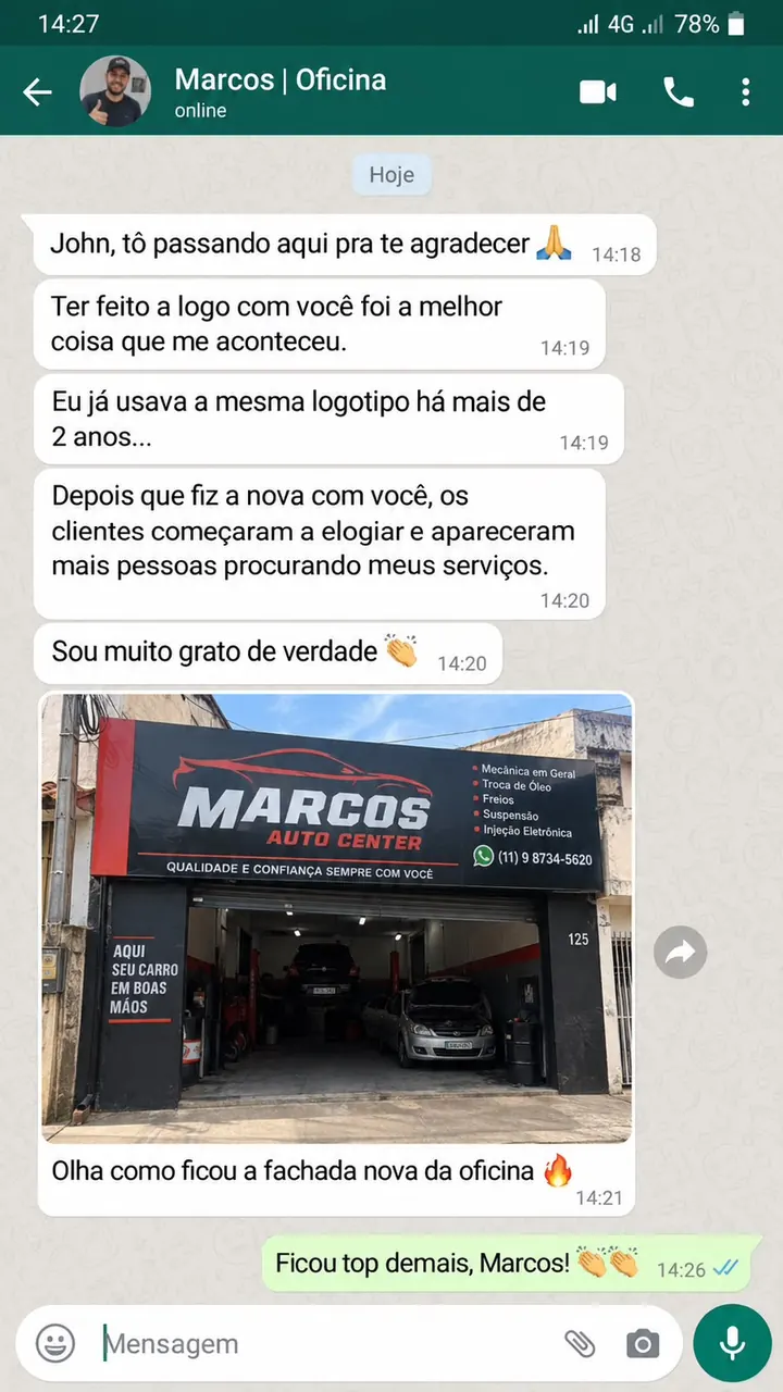 Print de conversa no WhatsApp com Marcos, oficina mecânica, elogiando a logo criada pela Dion Logos