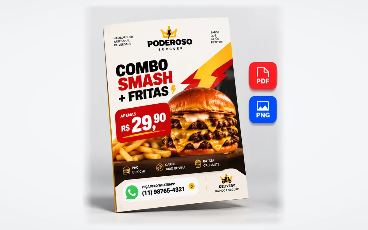 Flyer de promoção de hamburgueria criado pela Dion Logos, entregue em PDF e PNG