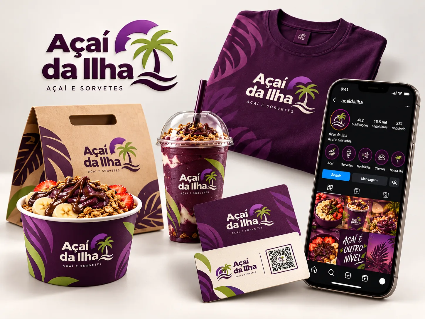 Exemplo de identidade visual para açaiteria aplicada em copo, pote, embalagem, camiseta, cartão de visita e perfil do Instagram