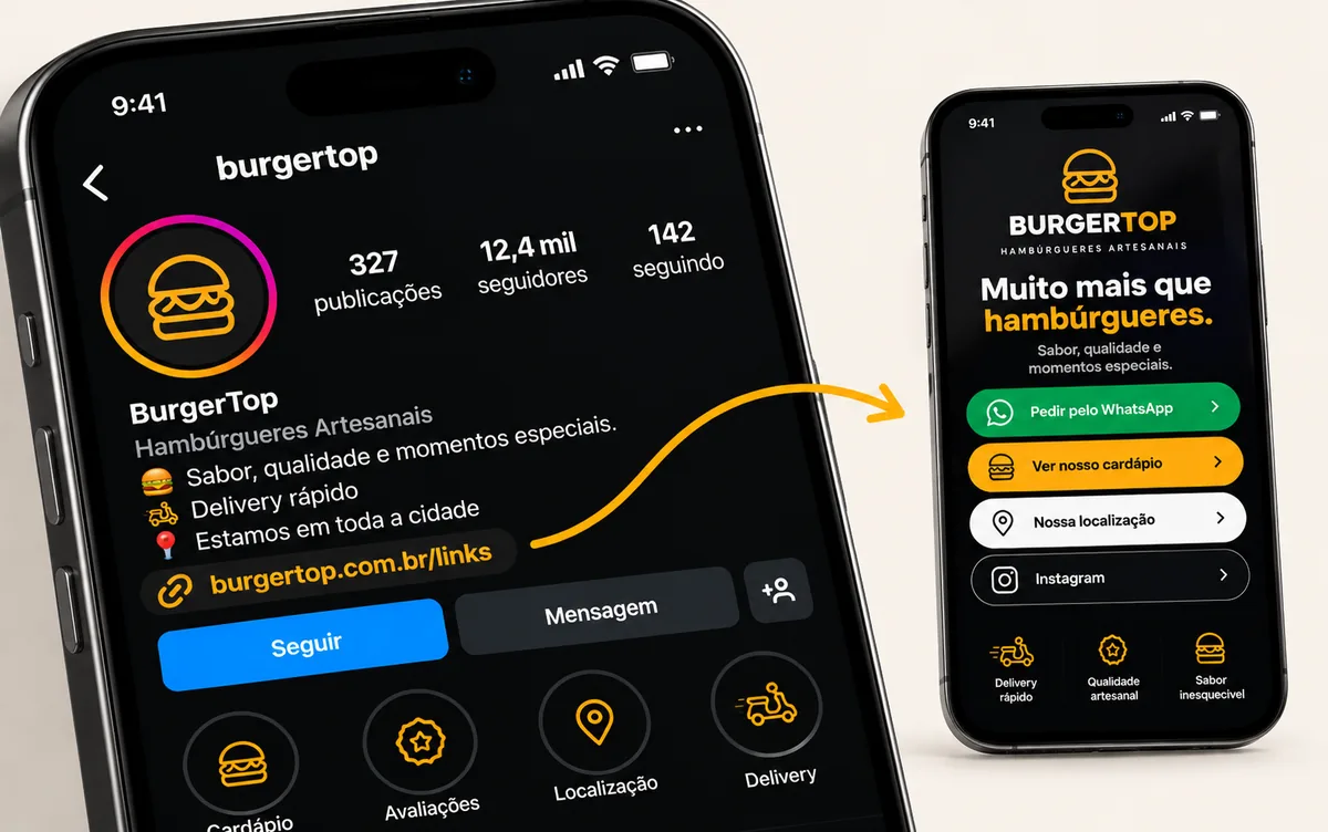Link na bio personalizado criado pela Dion Logos, levando do Instagram para uma página com WhatsApp, cardápio e localização
