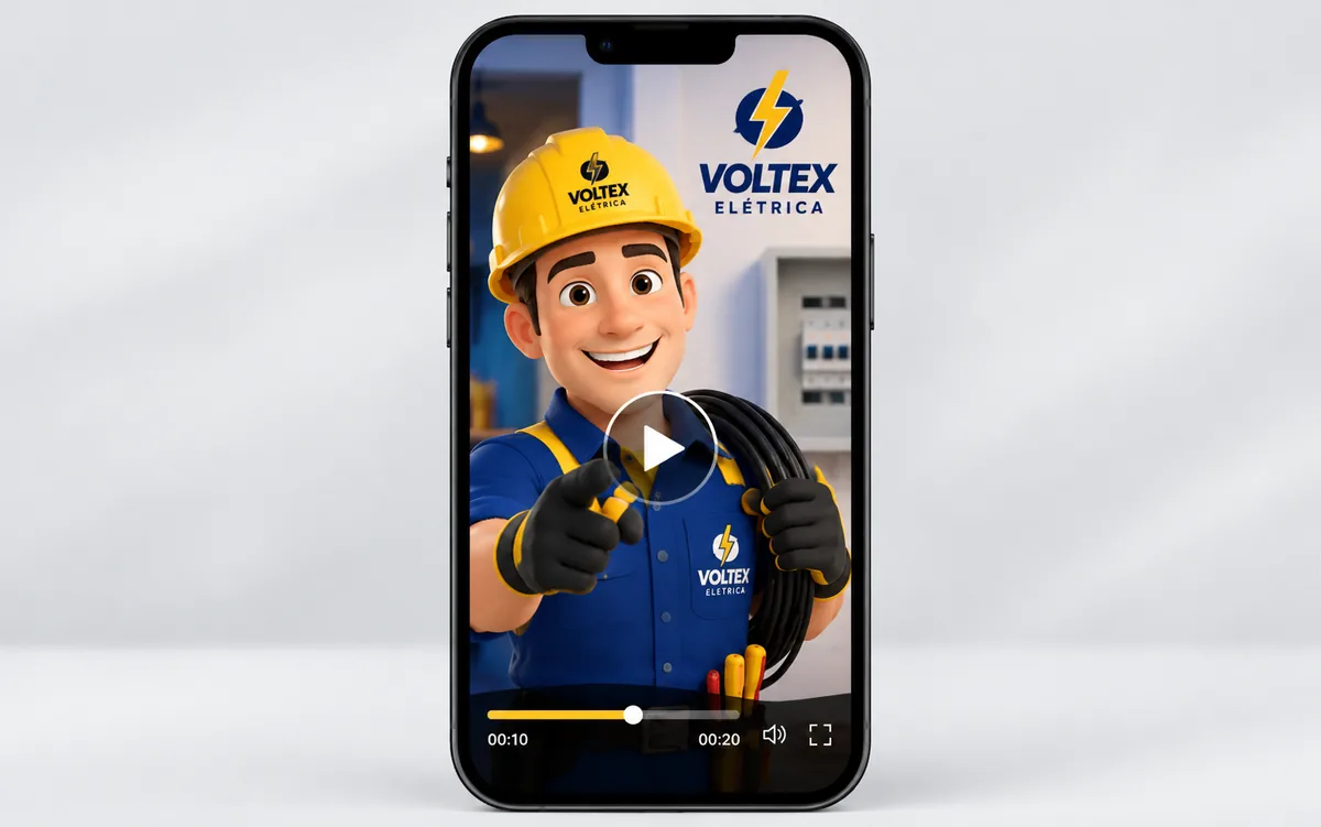 Vídeo vertical de 20 segundos da Voltex Elétrica no celular, com o personagem eletricista da marca